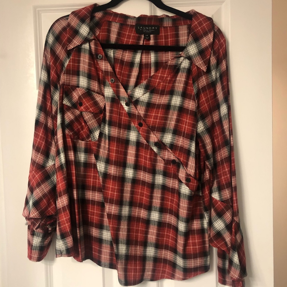 unique plaid shirt-button and ruffle detail